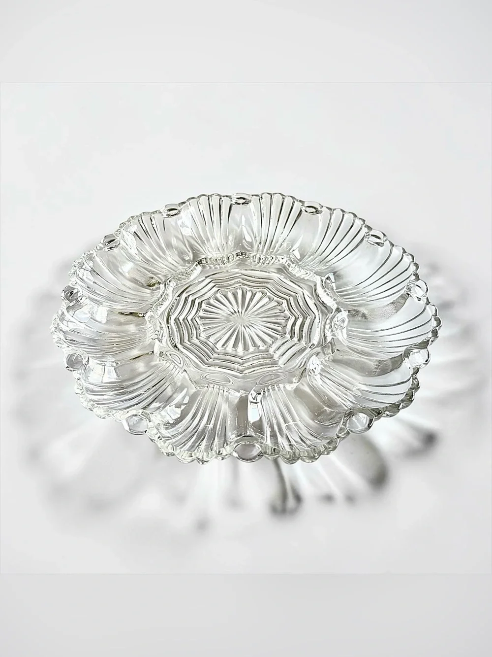 Vintage Anchor Hocking Clear Glass Deviled Egg Oyster Platter Shell Relish Tray